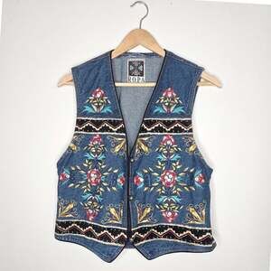 Vintage Hairston Roberson Ropa Medium Embroidered Denim Vest Southwestern Boho